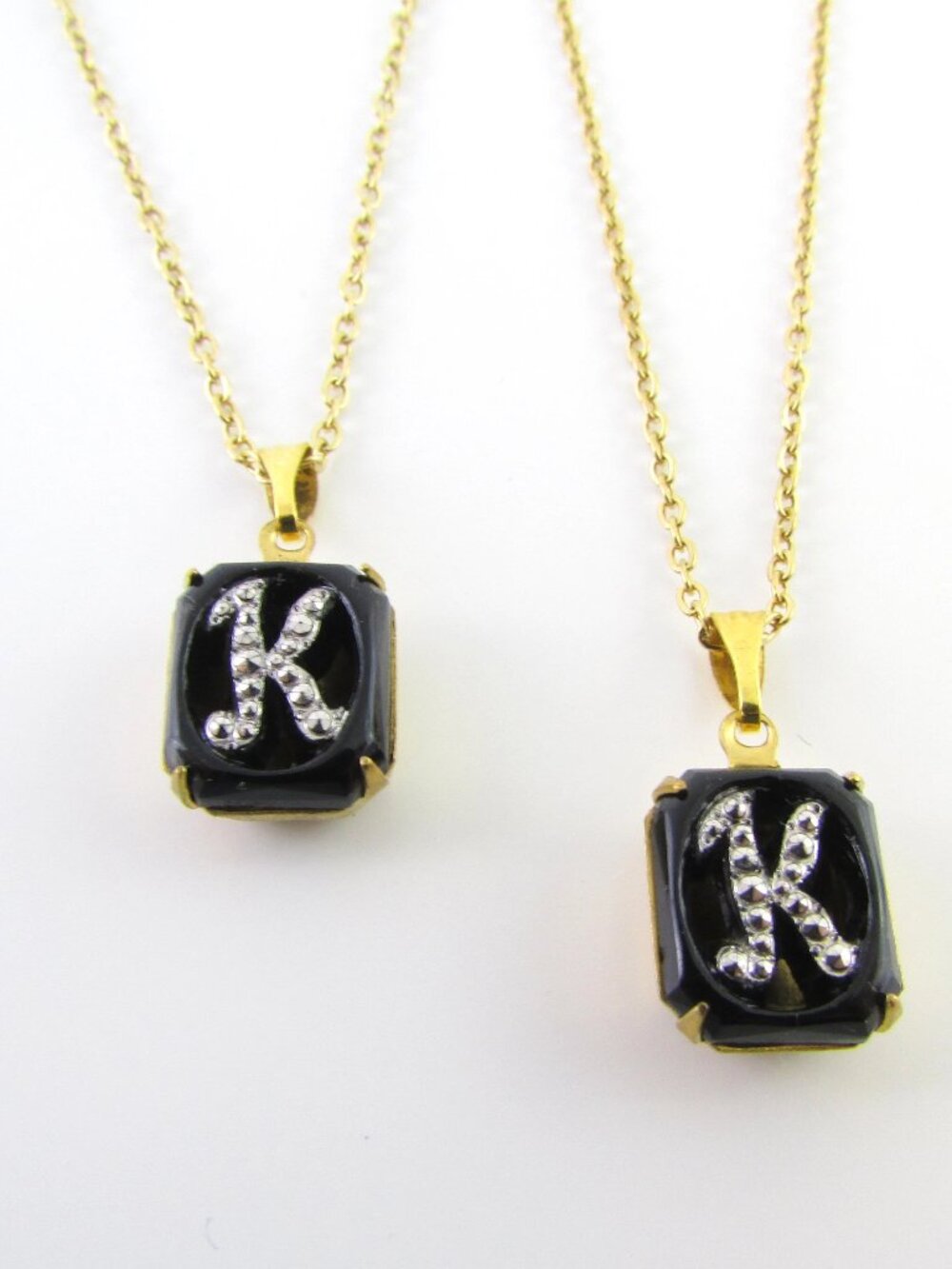Vintage Victorian Gothic Initial C Pendant Necklace - Black Glass and Marcasite